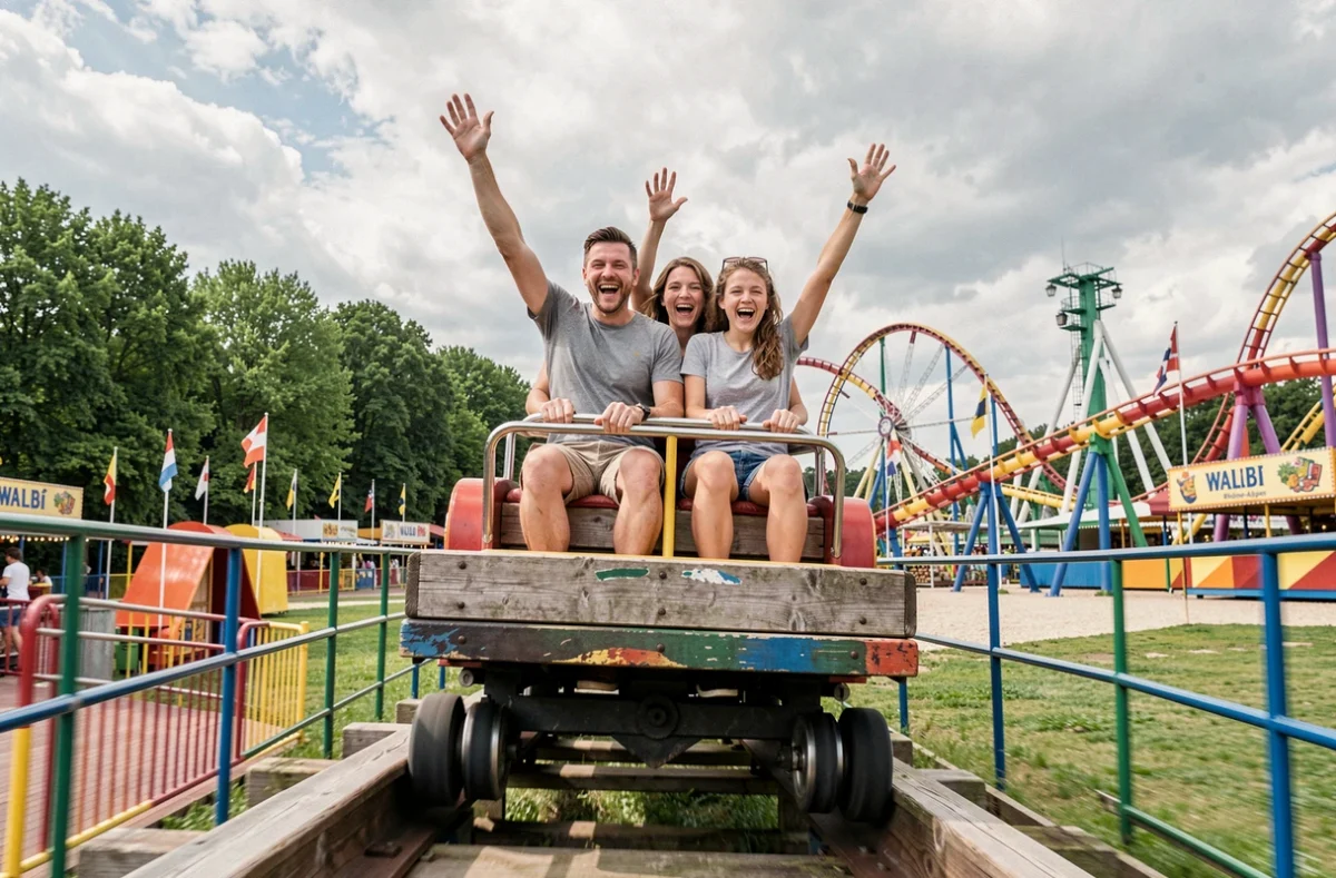 Famille en train de monter dans les montagnes russes de Walibi Rhône-Alpes avec expressions de joie